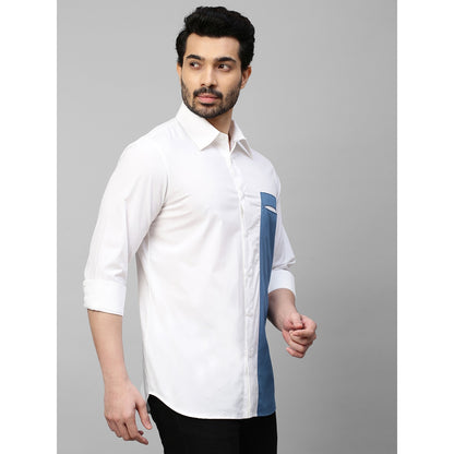 Echke White Shirt with Slate Blue Patch on One Side Slit Pocket Feature
