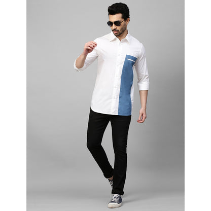 Echke White Shirt with Slate Blue Patch on One Side Slit Pocket Feature