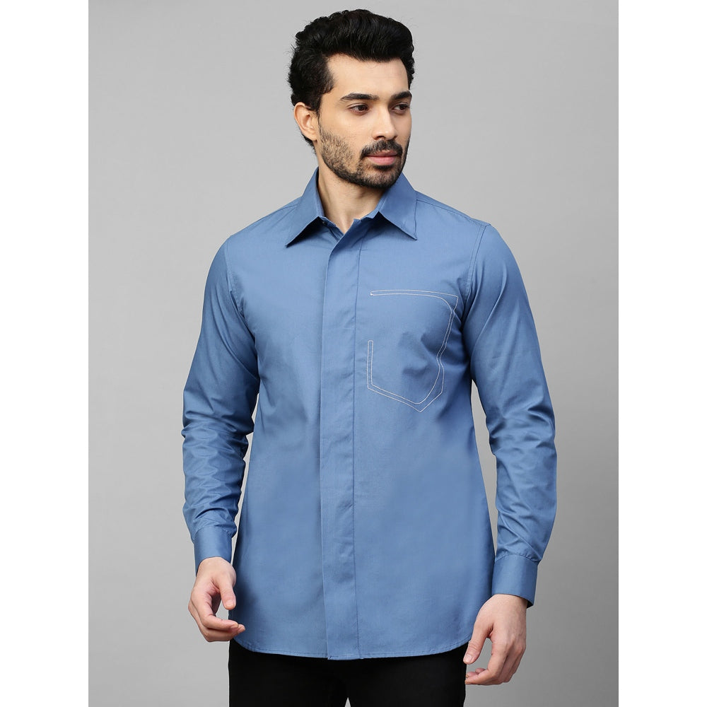 Echke Slate Blue Shirt with White Stitching Half Pocket Feature