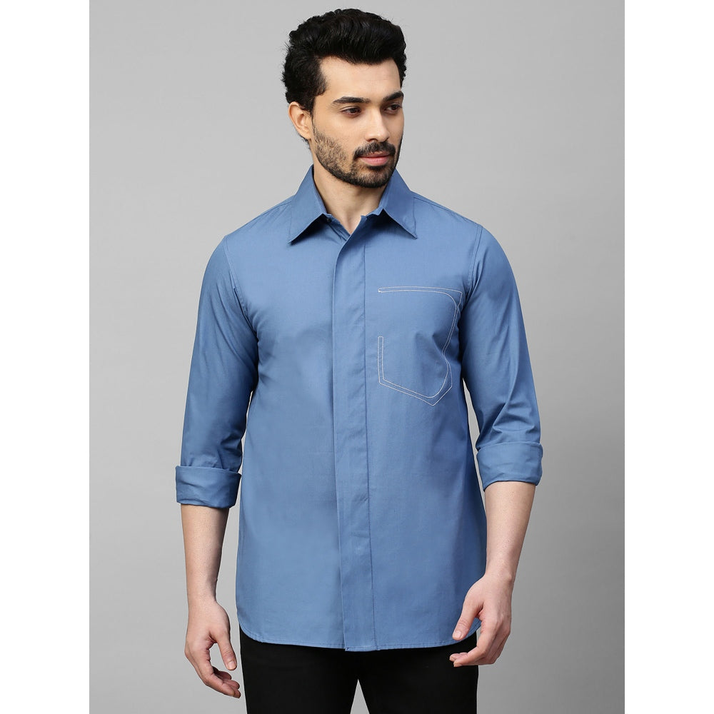 Echke Slate Blue Shirt with White Stitching Half Pocket Feature