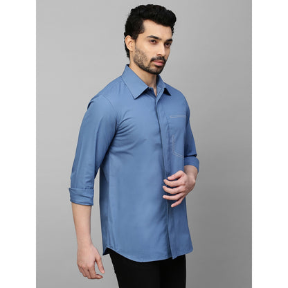 Echke Slate Blue Shirt with White Stitching Half Pocket Feature