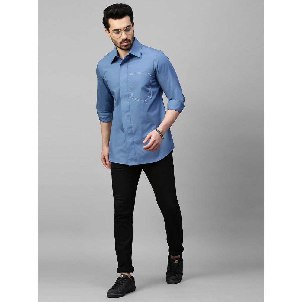 Echke Slate Blue Shirt with White Stitching Half Pocket Feature
