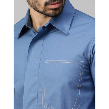 Echke Slate Blue Shirt with White Stitching Half Pocket Feature
