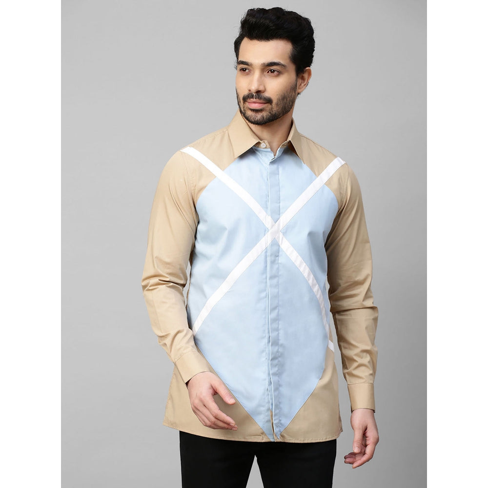 Echke Light Khaki Shirt with Light Blue and White Geometric Pattern