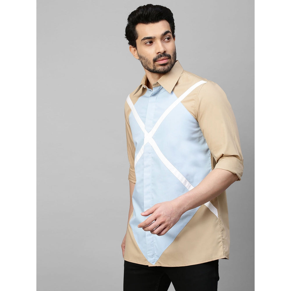Echke Light Khaki Shirt with Light Blue and White Geometric Pattern