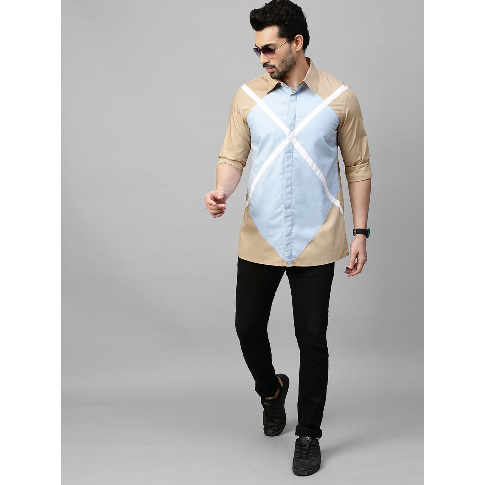 Echke Light Khaki Shirt with Light Blue and White Geometric Pattern