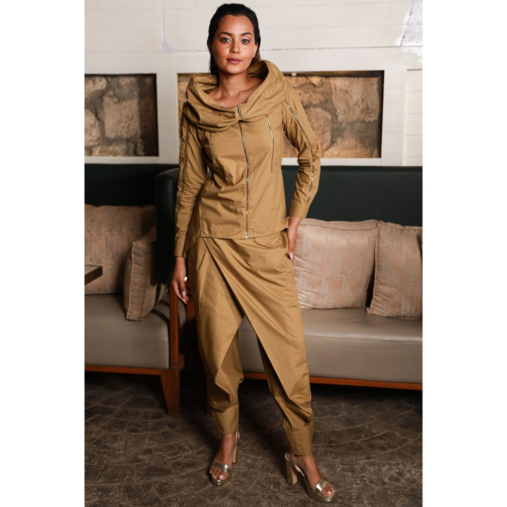 Echke Gold Zipper Top and Cross Over Pant Co-Ord (Set of 2)