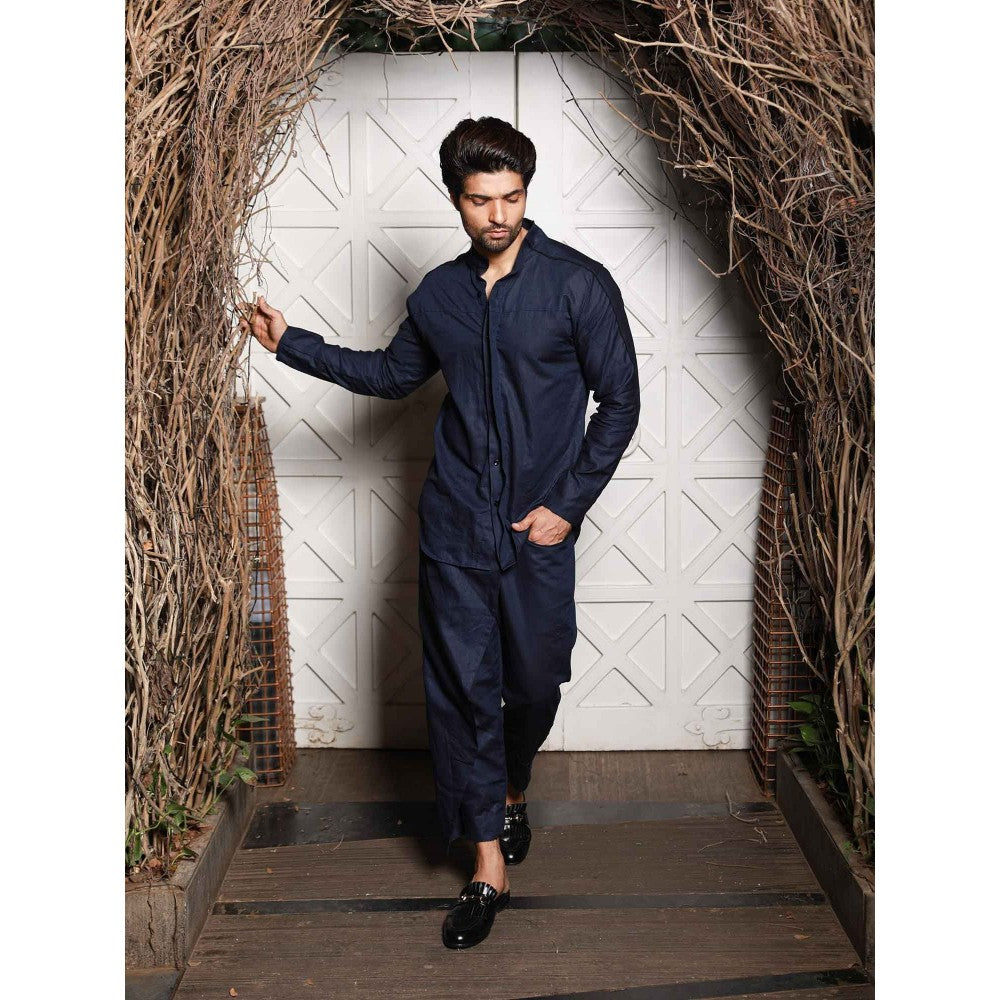 Echke Navy Blue Linen Co-ord (Set of 2)