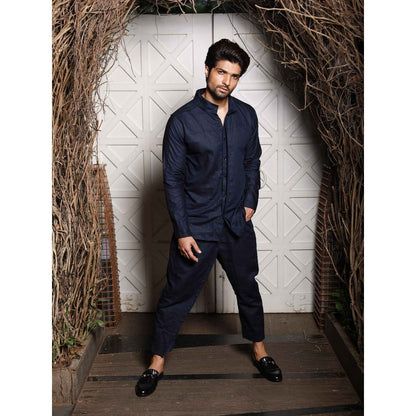 Echke Navy Blue Linen Co-ord (Set of 2)