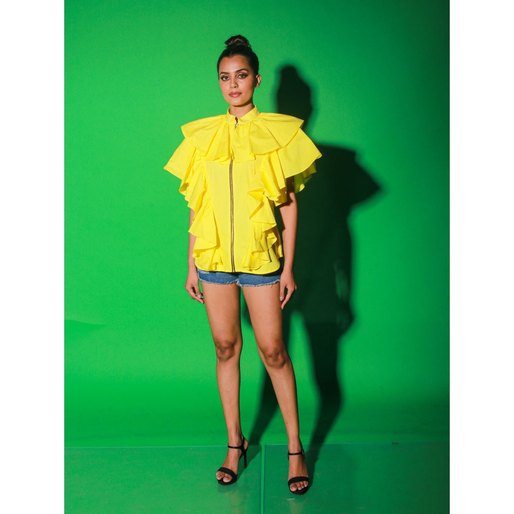 Echke Yellow Chinese Collar Top With Ruffles