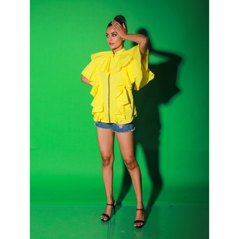 Echke Yellow Chinese Collar Top With Ruffles