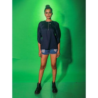 Echke Blue Top With Overlap Open Sleeves And Zipper Placket