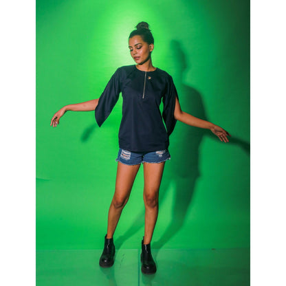 Echke Blue Top With Overlap Open Sleeves And Zipper Placket