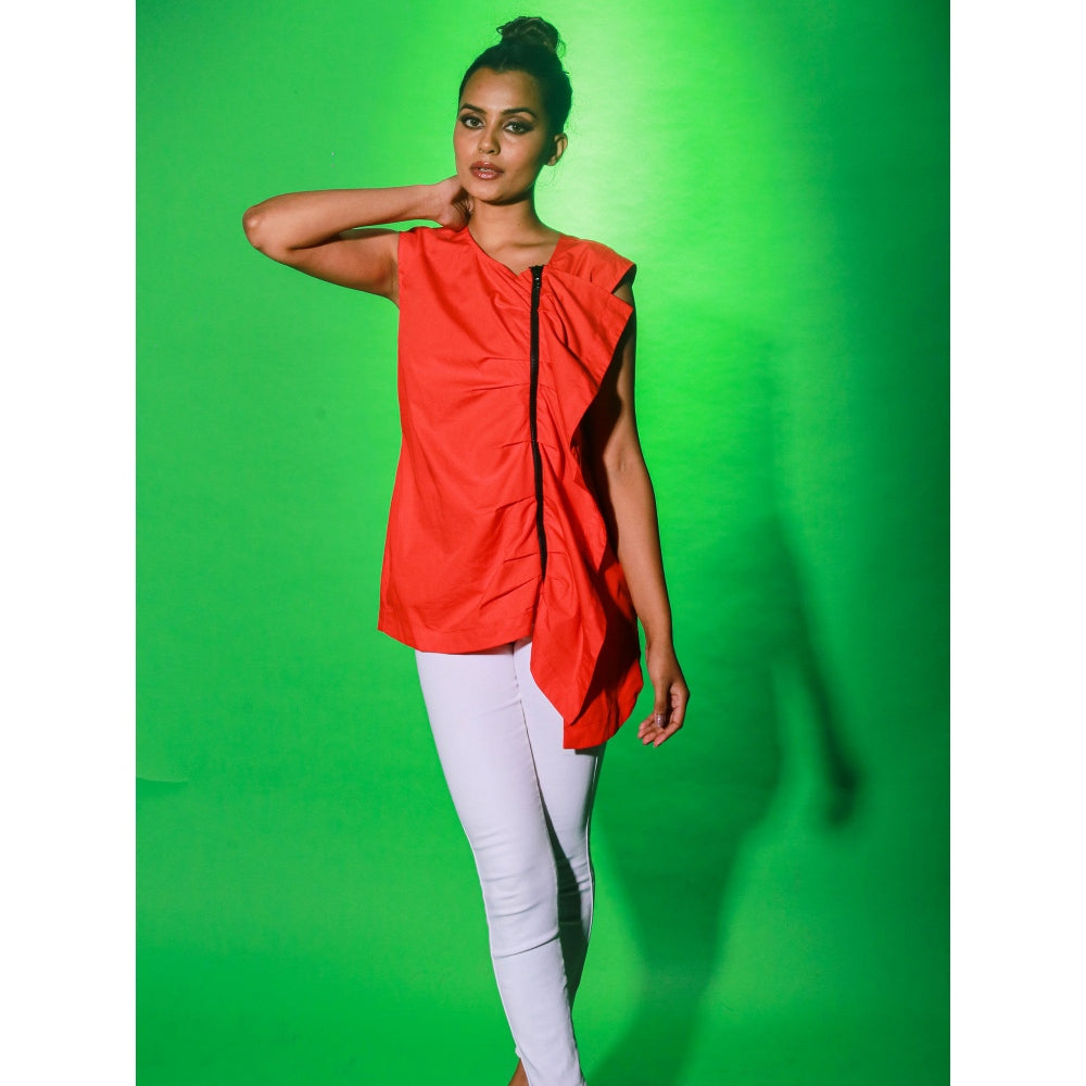Echke Coral Top With Off Center Zipper Placket And Frill