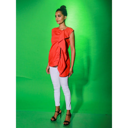 Echke Coral Top With Off Center Zipper Placket And Frill