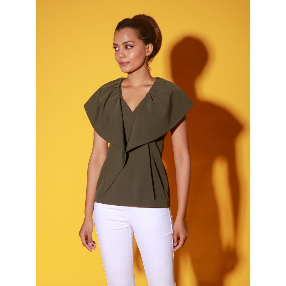 Echke Olive Green V-Neck Top With Frills
