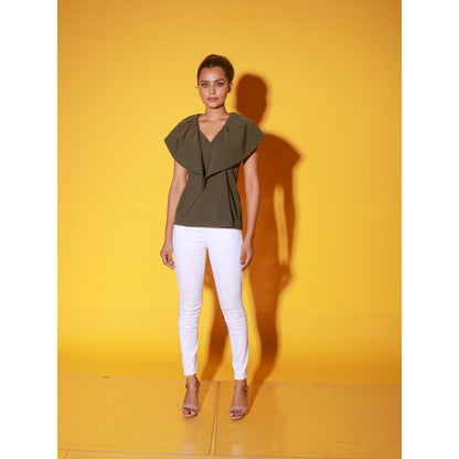 Echke Olive Green V-Neck Top With Frills