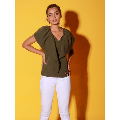 Echke Olive Green V-Neck Top With Frills