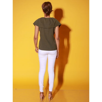 Echke Olive Green V-Neck Top With Frills