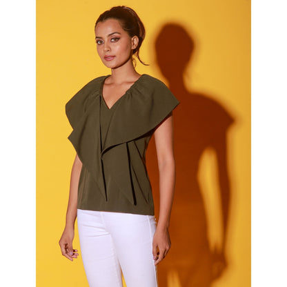 Echke Olive Green V-Neck Top With Frills