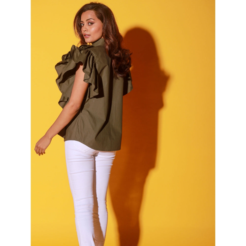 Echke Olive Green Shirt With Ruffles And Black Patti's On The Yoke