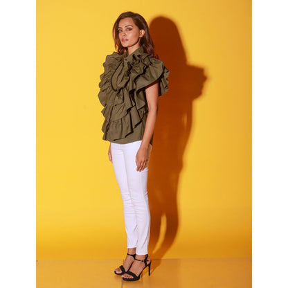 Echke Olive Green Shirt With Ruffles And Black Patti's On The Yoke