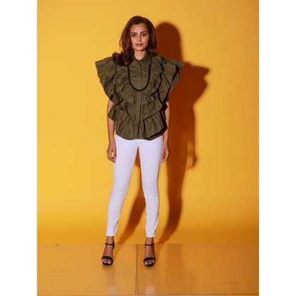 Echke Olive Green Shirt With Ruffles And Black Patti's On The Yoke