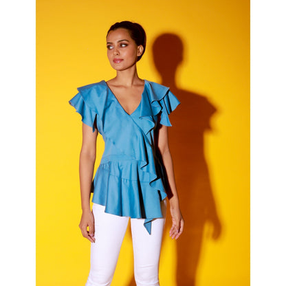 Echke Slate Blue Peplum Top With Ruffles And Black Zipper At The Back