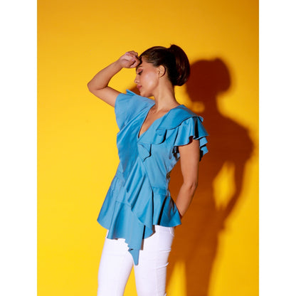 Echke Slate Blue Peplum Top With Ruffles And Black Zipper At The Back