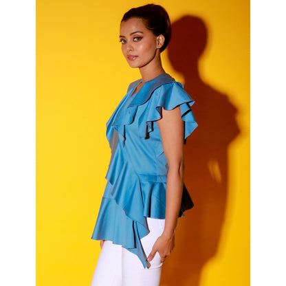 Echke Slate Blue Peplum Top With Ruffles And Black Zipper At The Back