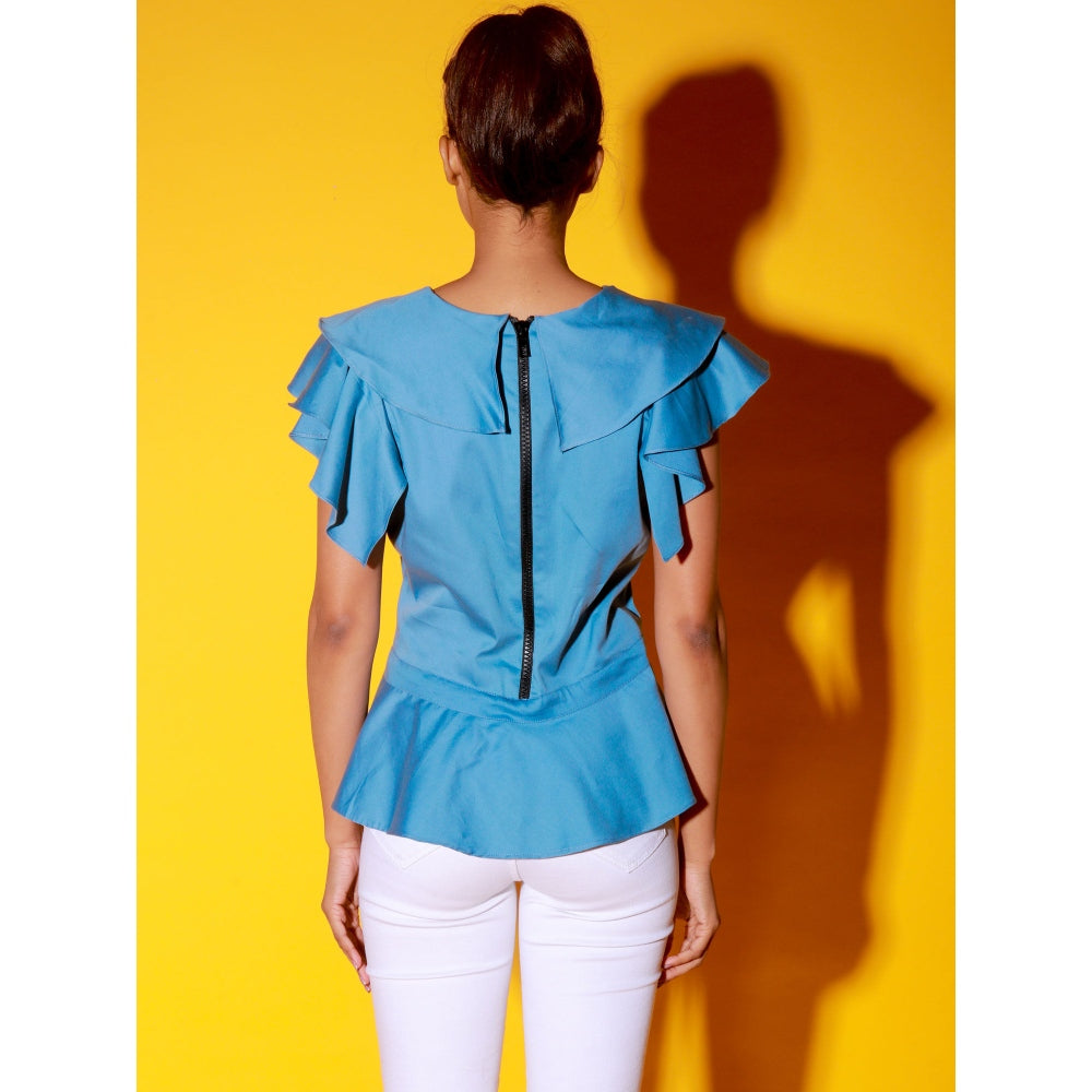 Echke Slate Blue Peplum Top With Ruffles And Black Zipper At The Back
