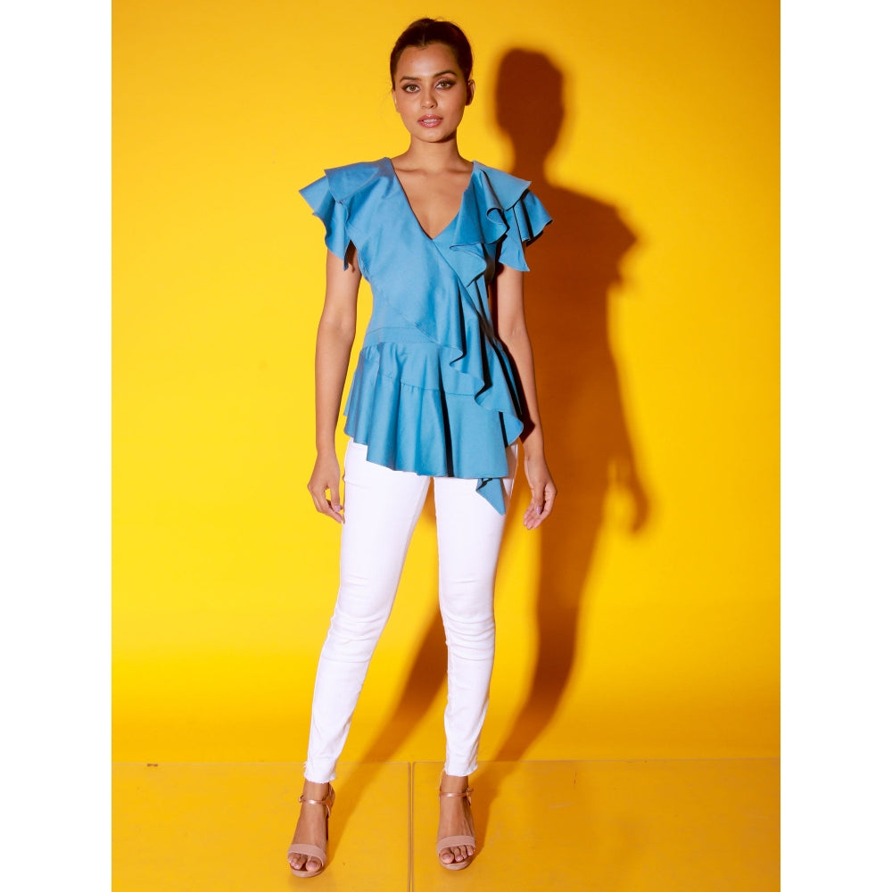 Echke Slate Blue Peplum Top With Ruffles And Black Zipper At The Back