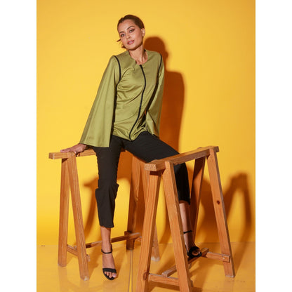 Echke Moss Green Top With Zipper And Asymmetric Bell Sleeves