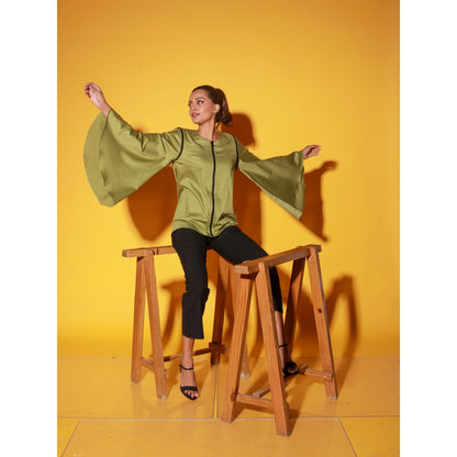 Echke Moss Green Top With Zipper And Asymmetric Bell Sleeves