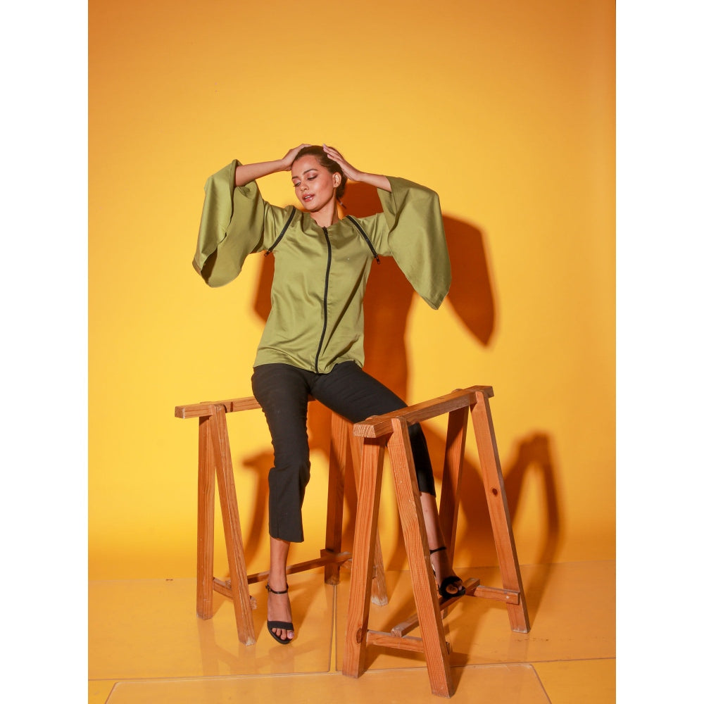 Echke Moss Green Top With Zipper And Asymmetric Bell Sleeves
