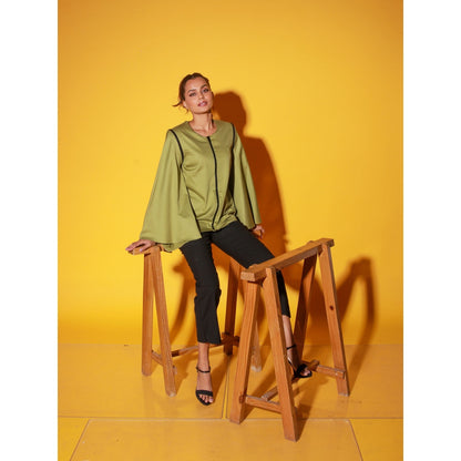 Echke Moss Green Top With Zipper And Asymmetric Bell Sleeves