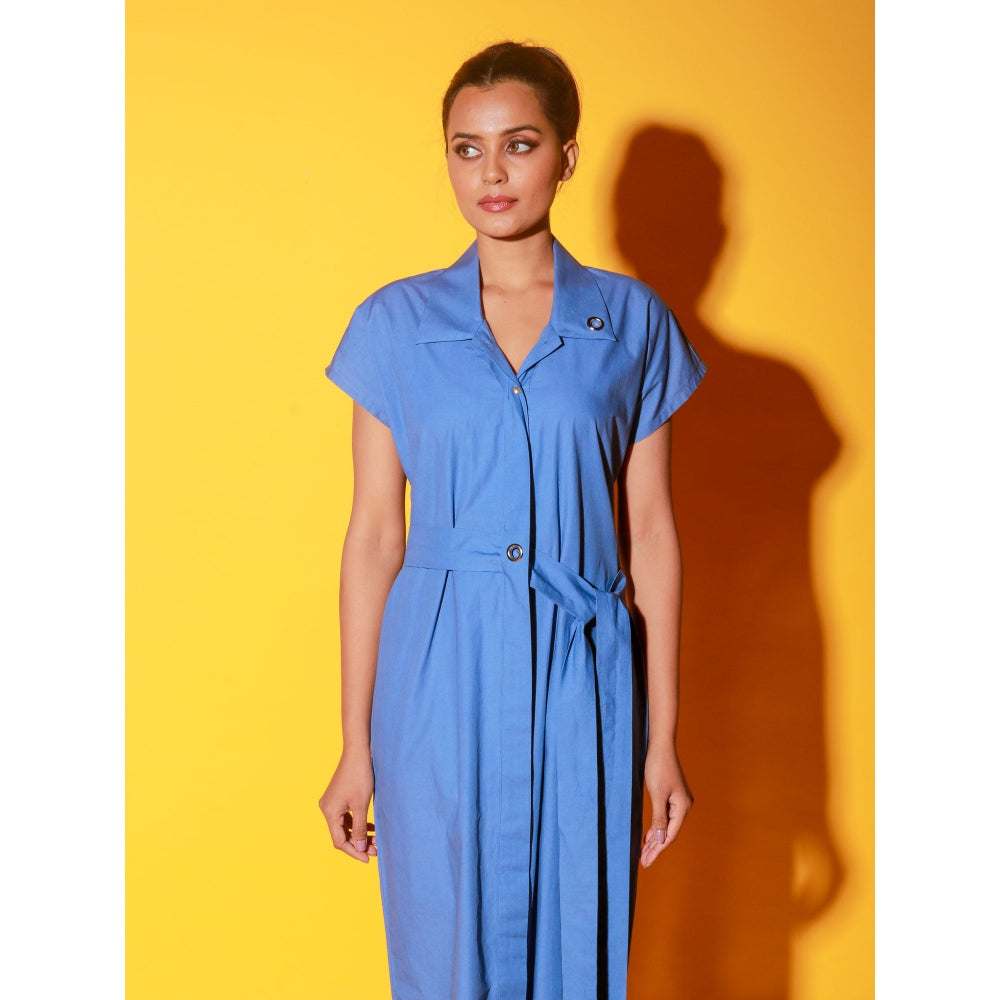 Echke Slate Blue Long Shirt Dress With Short Sleeves And Side Tie-Up Feature (Set of 2)
