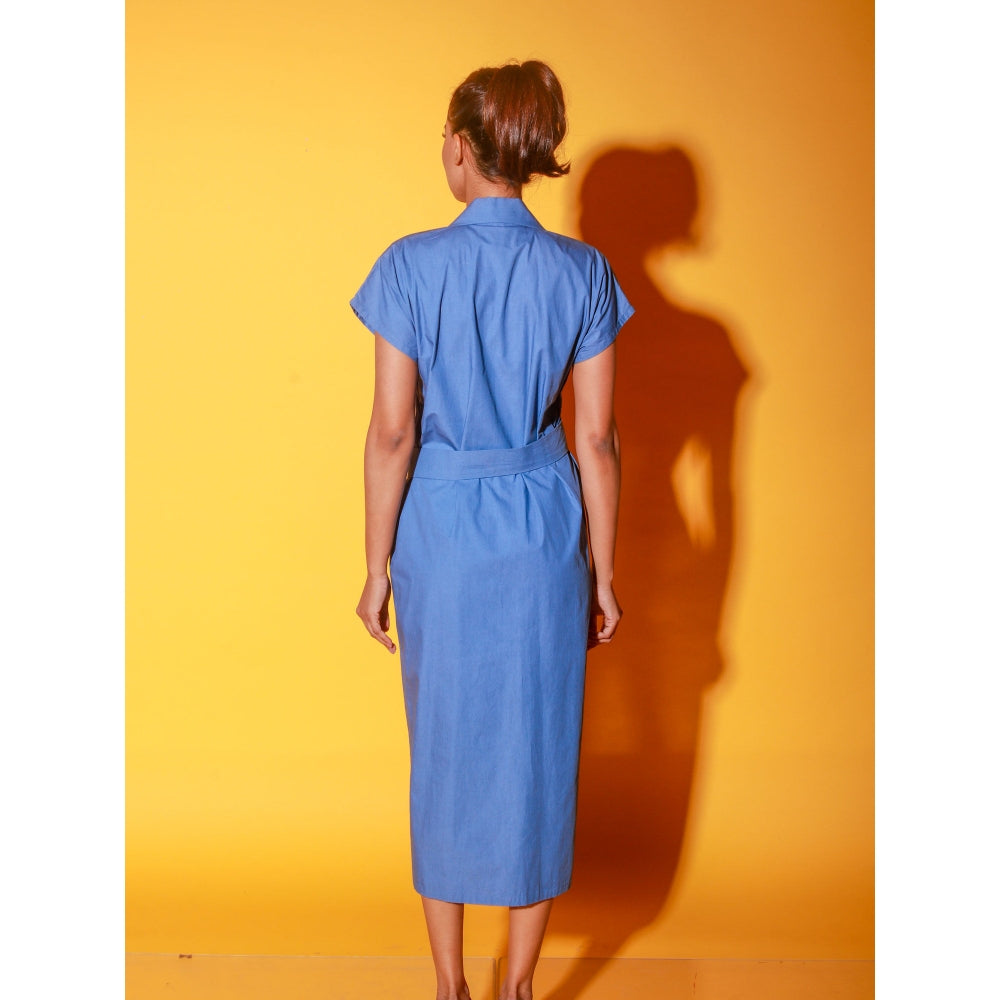 Echke Slate Blue Long Shirt Dress With Short Sleeves And Side Tie-Up Feature (Set of 2)