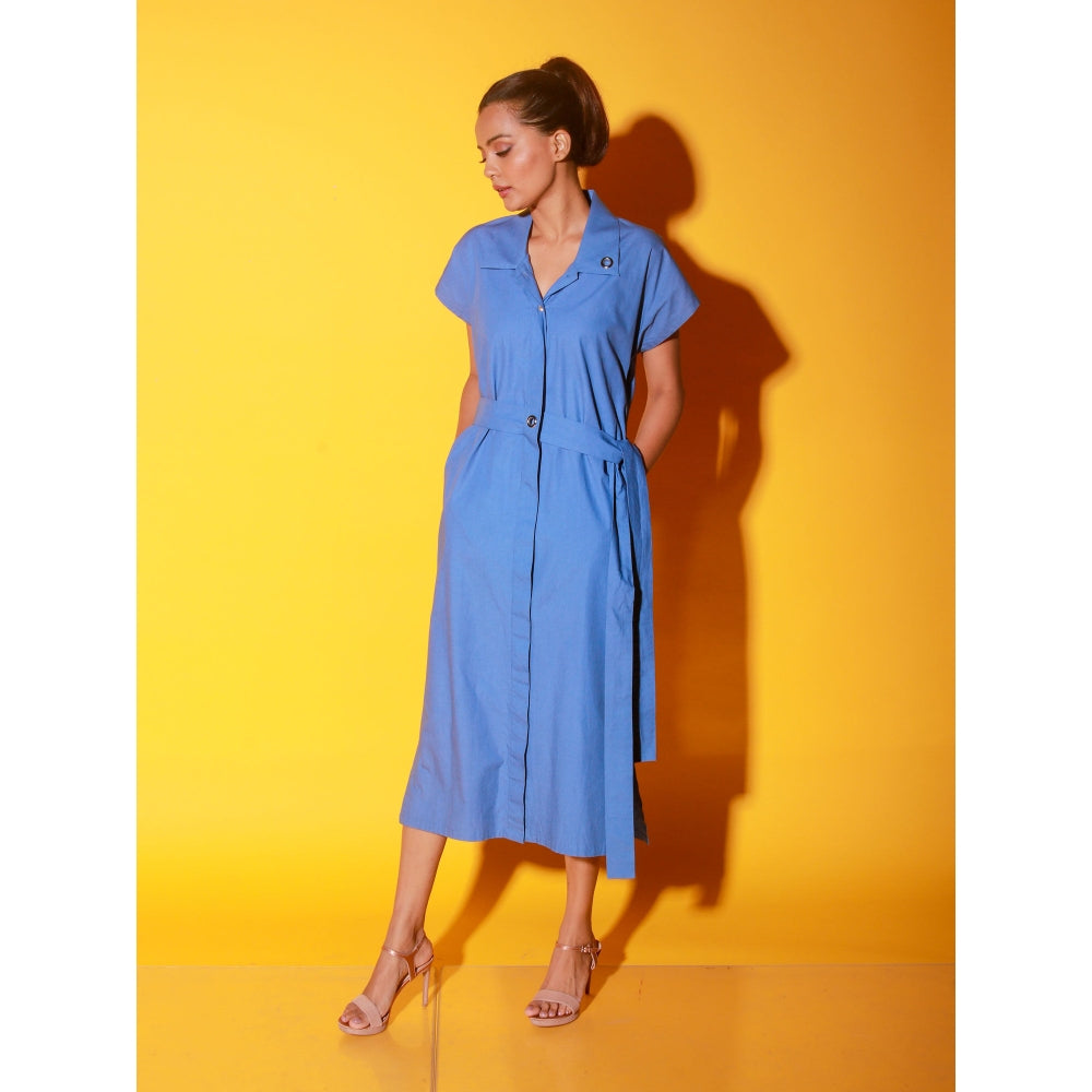 Echke Slate Blue Long Shirt Dress With Short Sleeves And Side Tie-Up Feature (Set of 2)