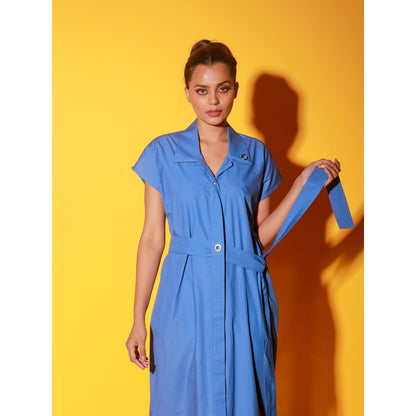 Echke Slate Blue Long Shirt Dress With Short Sleeves And Side Tie-Up Feature (Set of 2)