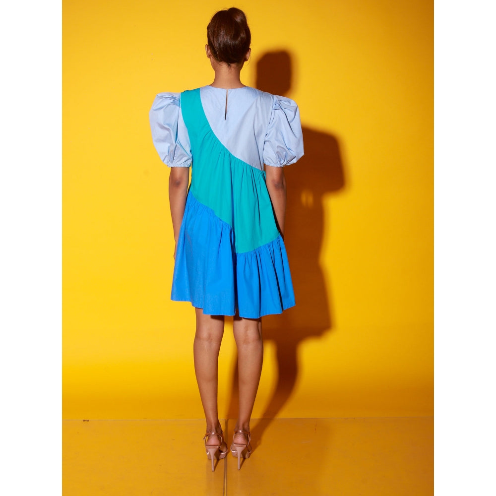 Echke Turquoise, Slate And Powder Short Dress With Balloon Sleeves