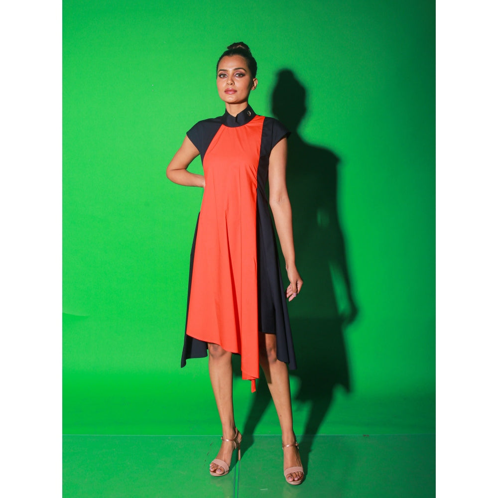 Echke Blue And Orange Long Asymmetric Dress With Chinese Collar And Zipper At Back