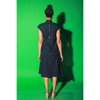 Echke Blue And Orange Long Asymmetric Dress With Chinese Collar And Zipper At Back