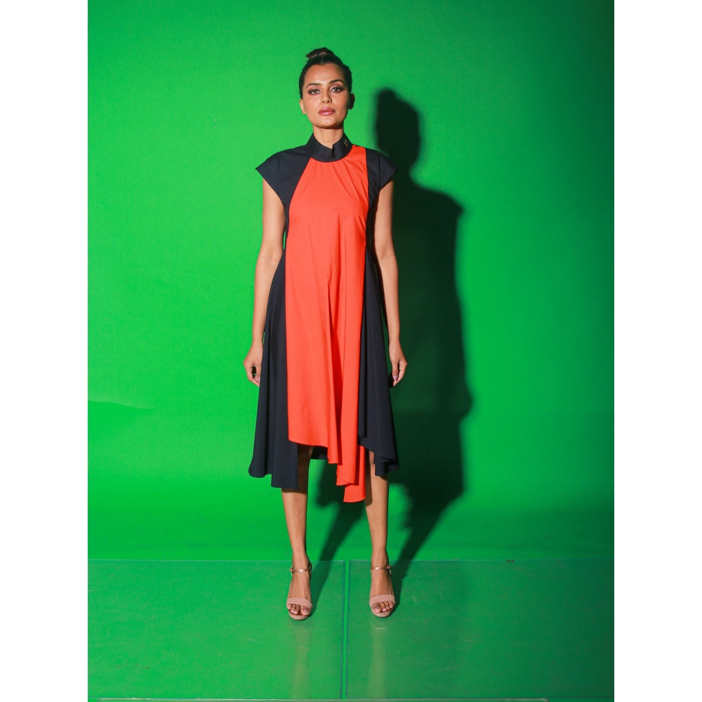 Echke Blue And Orange Long Asymmetric Dress With Chinese Collar And Zipper At Back