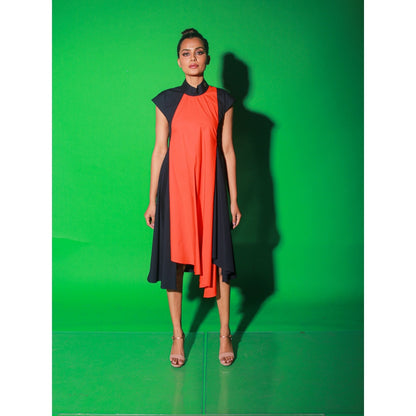 Echke Blue And Orange Long Asymmetric Dress With Chinese Collar And Zipper At Back