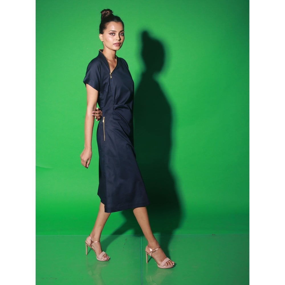 Echke Blue Midi Dress With Short Sleeves And Asymmetrical Neck