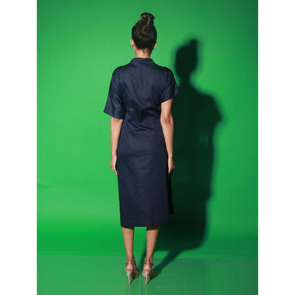 Echke Blue Midi Dress With Short Sleeves And Asymmetrical Neck