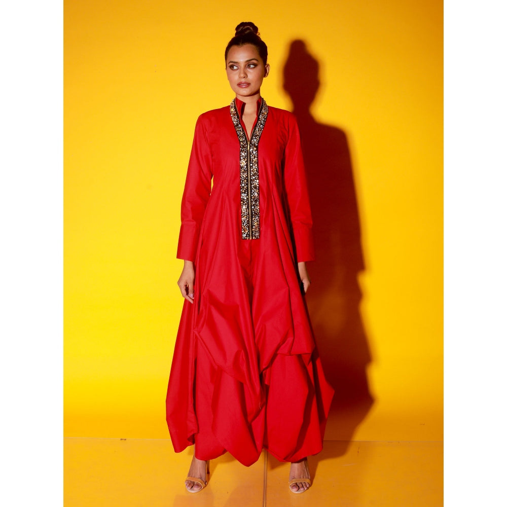 Echke Red Chinese Collar Dress With Long Sleeves And Asymmetric Balloon Feature