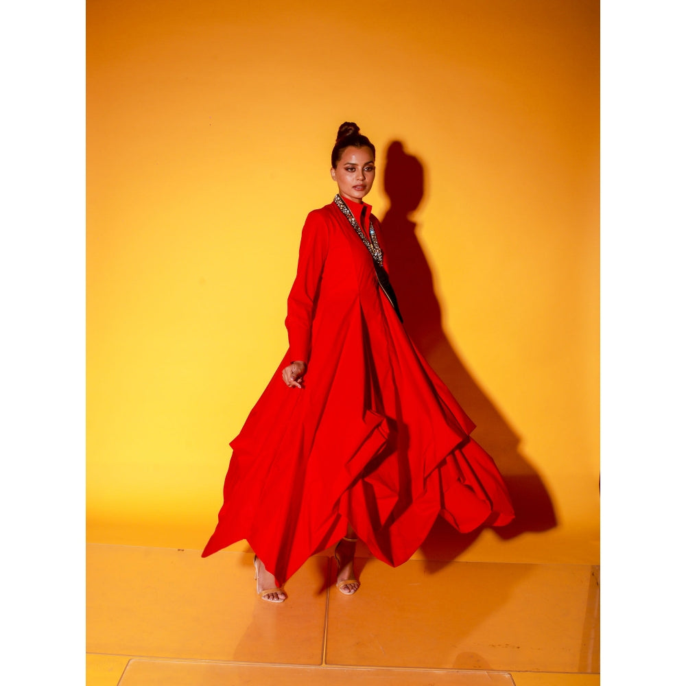 Echke Red Chinese Collar Dress With Long Sleeves And Asymmetric Balloon Feature