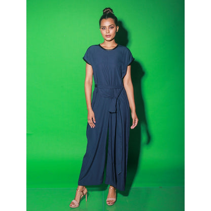 Echke Blue Jumpsuit With Tie-Up And Black Leather Piping Around The Neck (Set of 2)